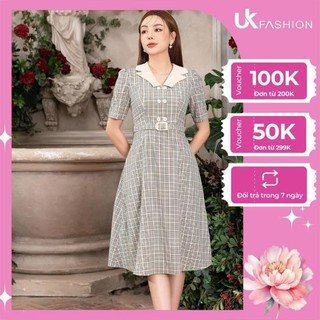 Đầm Kẻ Đai Bọc Phối Cổ UK FASHION Dáng Xòe Thanh Lịch Chất Vải Nhập Hàn Cao Cấp Đứng Phom Không Nhăn NKDV2302007