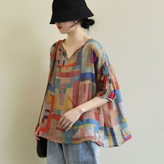 Áo thun mỏng bằng vải Cotton băng cỡ lớn dáng rộng nghệ thuật Áo sơ mi ngắn tay cổ chữ V In không đều Hợp thời trang Phong cách mới phù hợp cho nữ mùa hè