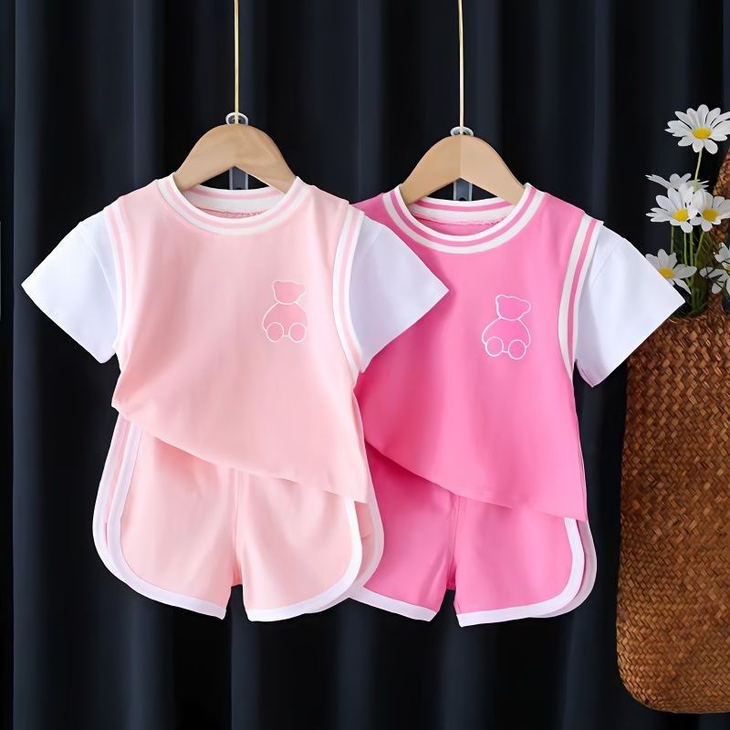 Bộ Đồ Bé Gái Thời Trang Quần Áo Mùa Hè Mới Bé Gái Tay Ngắn Mùa Hè Trẻ Em Cotton Bộ Đồ Hai Mảnh Trẻ Em