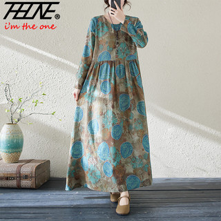 Thhone Plus Kích Thước Mới 2024 Mùa Xuân Dài Đầm Nữ Quần Áo Phong Cách Hàn Quốc Hoa In Rời Vintage Vải Lanh Cotton Cổ Tròn Dài Tay Ngày Lễ Đi Biển Váy