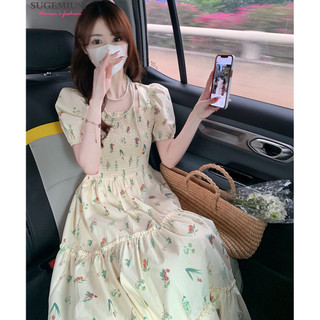 Sugemiusi Phong Cách Nhẹ Nhàng Retro Váy Hoa Nữ Mùa Hè Ngọt Ngào Tính Khí Tay Phồng Cổ Vuông Đầm