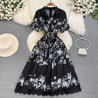 Thời Trang Nữ Vintage Thanh Lịch In Hình Midi Chữ A Đầm Mùa Hè Ve Áo Ngắn Tay Cao Cấp Ôm Ren Chia Tiệc Kỳ Nghỉ Váy