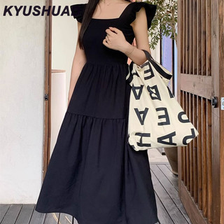 Kyushuad Đầm chữ vuông kiểu Pháp Xia Xia thiết kế nhỏ tay áo bay nhỏ phong cách Hepburn váy nhỏ màu đen mỏng
