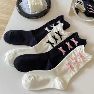 Uốn Dọc Hàng Nơ Tất Xiaohongshu jk Bê Tất Nữ ins Cọc Tất Đen Hồng Không Xương Giữa Ống Tất