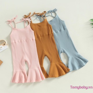 Bộ áo liền quần mùa hè cho bé gái mới biết đi Dây buộc không tay có gân Romper Bell Đáy cho trẻ sơ sinh