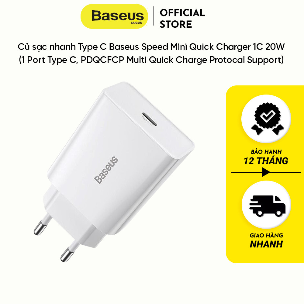 Củ sạc nhanh Type C Baseus Speed Mini Quick Charger 1C 20W (1 Port Type C, PDQCFCP Multi Quick Charge Protocal Support)