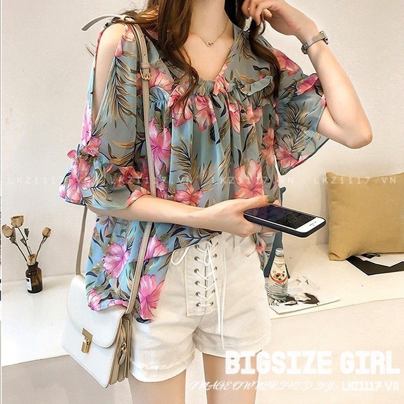 Áo sơ mi nữ tay ngắn Bigsize Áo sơ mi voan cổ chữ v hở vai hoa nhí mùa hè Phong cách Hàn Quốc Thời Trang đẹp