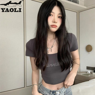 Yaoli Áo thun ngắn tay thiết kế gợi cảm kiểu Mỹ dành cho nữ mùa hè hot girl thon gọn, màu đen sang trọng, mỏng và mỏng
