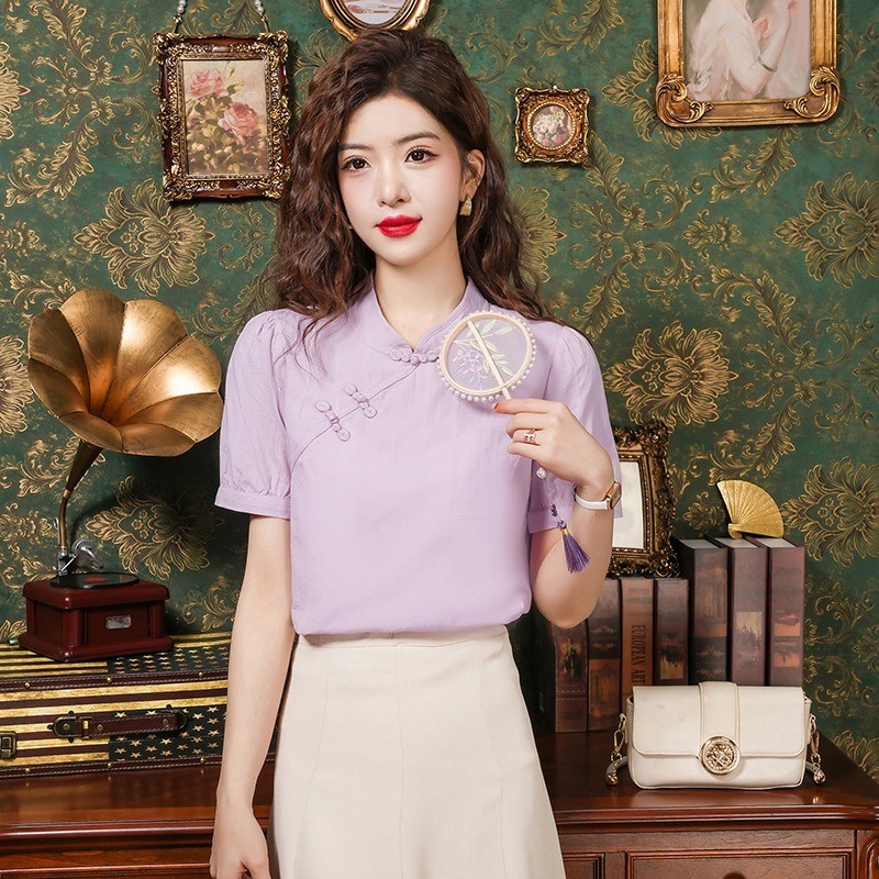 Áo Sơ Mi Nhân Màu Hồng Giảm Tuổi Nút Top 2024 Xuân Hè Phong Cách Mới Sang Trọng Thanh Lịch Phong Cách Phương Tây Phong Cách Quốc Gia Mới Phong Cách Trung Hoa Tay Ngắn WW