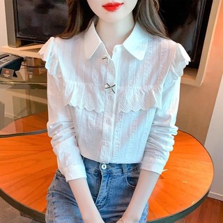 Áo sơ mi voan dài tay cổ búp bê ren mùa xuân thu dành cho nữ