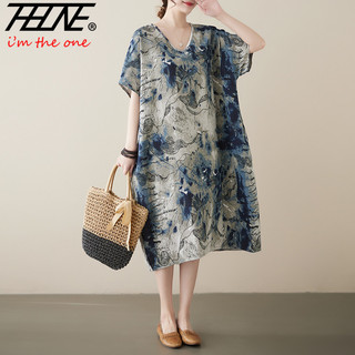 Thhone Mùa Hè Đầm Nữ Quá Khổ Vestidos De Mujer Retro Cotton Vải Lanh In Vintage Rời Hàn Quốc Cổ Điển Cổ Chữ V Tay Ngắn Dài Nữ Váy