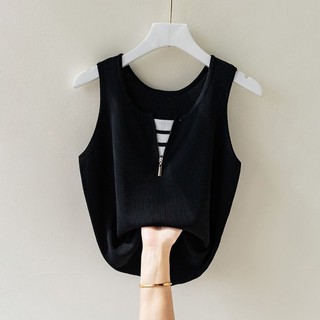 Ice silk camisole nữ thiết kế mùa hè giả hai mảnh dây kéo đáy áo sơ mi không tay top