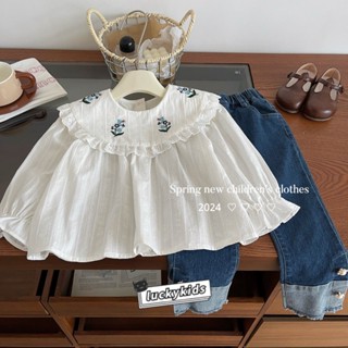 Mùa xuân mới bé gái thêu ren cổ áo dài tay áo / quần thắt nút ngọc trai mỏng quần denim