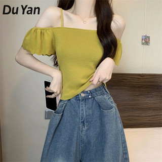 Du YAN Áo thun ngắn tay cổ một chữ mỏng màu trơn bé gái mùa hè phiên bản Hàn Quốc mới của bé gái cay dài vai đơn giản áo sơ mi đáy đơn giản