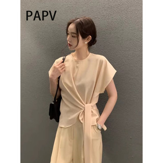 Áo sơ mi ngắn tay cổ tròn có dây buộc cổ tròn sang trọng Papv 1989