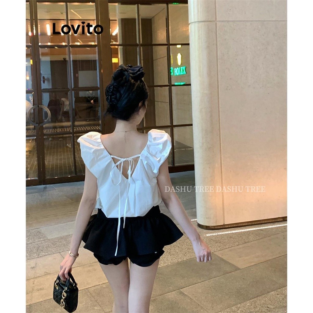 Áo kiểu Lovito buộc dây phía sau màu trơn phong cách dễ thương cho nữ LNE43453