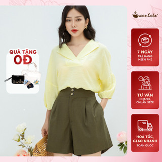  - Áo Sơ Mi Kiểu Nữ Cổ V Vải Tơ Mỹ Tay Bí Lỡ Dài 3/4 Công Sở Trẻ Trung Thanh Lịch Swanlake - A10006LW01