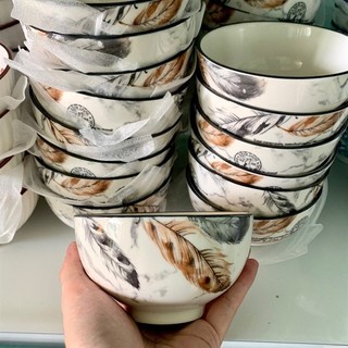 Chén cơm/ bát ăn cơm gốm sứ cao cấp, hình lông vũ, cao 6cm, đường kính 11cm