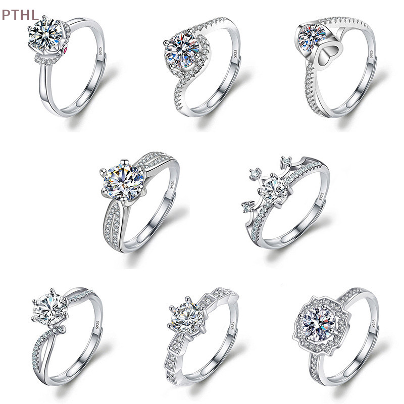 [Pthl] Moissanite Đính Hôn Nhẫn Đính Hôn Kim Cương Kẻ Sọc Mở Nhẫn Cho Nữ Bạc 925 Hứa Cưới Nhẫn Có Thể Điều Chỉnh Trang Sức Mỹ PT