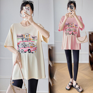 Áo thun bà bầu mùa hè mỏng nguyên chất Cotton in hình dáng rộng cổ tròn tay ngắn nhẹ hàng đầu