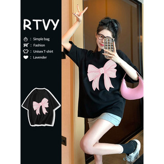 「RTVY」Nơ Đen Dài Vai Áo Thun Tay Ngắn Mùa Hè Oversize Mỹ Retro Nữ Top