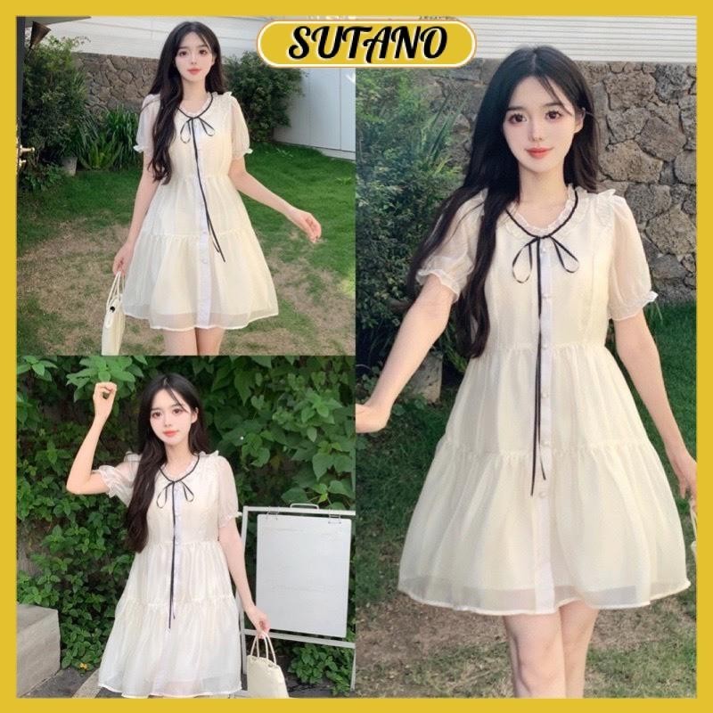 Váy kiểu nữ tiểu thư váy babydoll voan tơ 2 lớp cổ phối đầm nơ xinh xắn đầm công chúa bèo tầng nữ tính V63 SUTANO