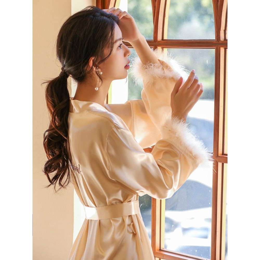 iMaodou Áo Choàng Tắm Cardigan Vải Lụa Lạnh Mỏng Thêu Họa Tiết Lông Vũ Thời Trang Xuân Hè Cho Nữ
