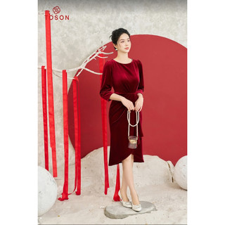 Đầm nhung đỏ tà bong xếp ly búp sen SXTN 41958D13  TOSON