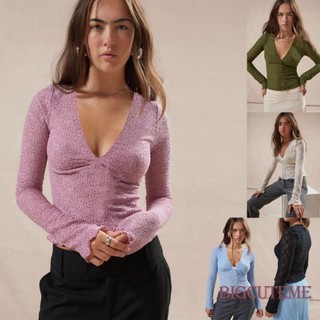 [] -Áo Ren mỏng dành cho nữ Áo thun dài tay cổ chữ V phía trước cổ chữ V Áo thun viền nhỏ