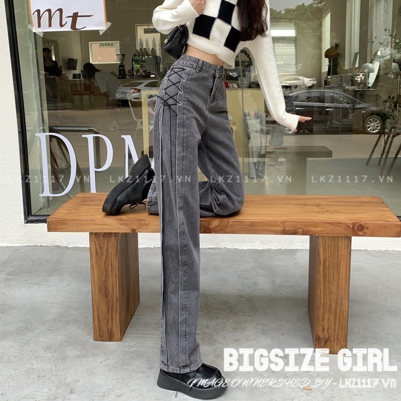 Quần jean dài nữ lưng cao Bigsize quần bò jean ống đứng cạp cao dáng suông xám khói mùa thu đông Phong cách Hàn Quốc Thời Trang đẹp