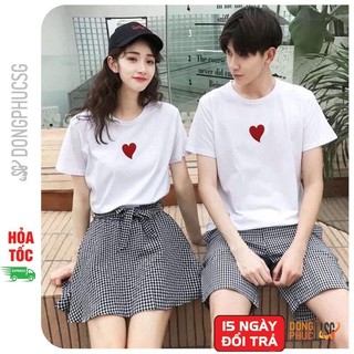 Áo thun cặp đôi nam nữ mẫu trái tim phông unisex thun mềm mịn cổ tròn tay ngắn màu trắng AC105T