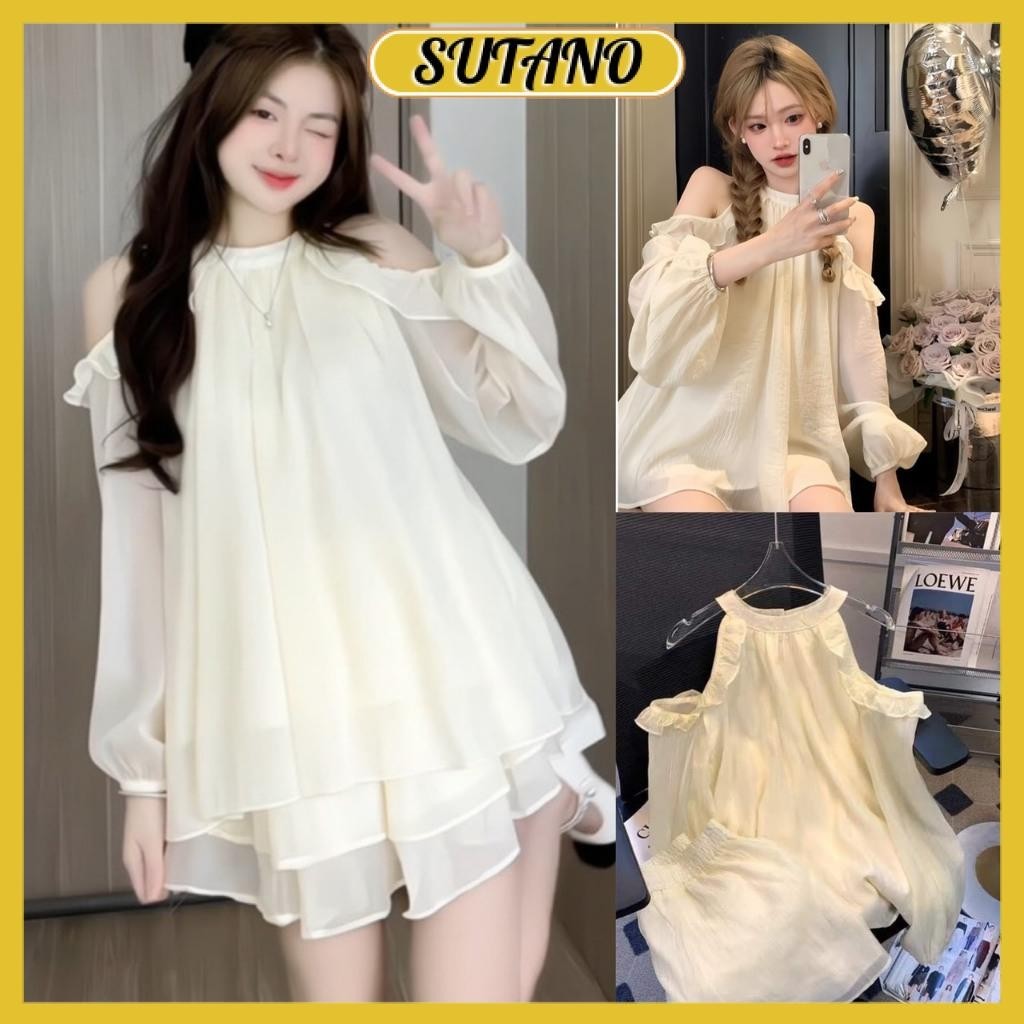 Set áo voan tơ bèo cổ yếm hở vai phối quần short dáng xòe 2 lớp bánh bèo tiểu thư B182 SUTANO