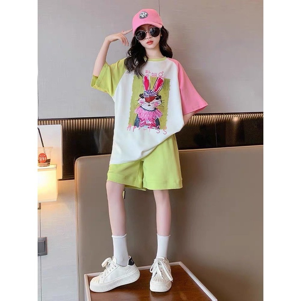 Quần áo trẻ em ngắn tay mùa hè bé gái size đại 18-45kg mẫu " Thỏ Nhoè". Set đồ bộ thời trang cộc tay phong cách