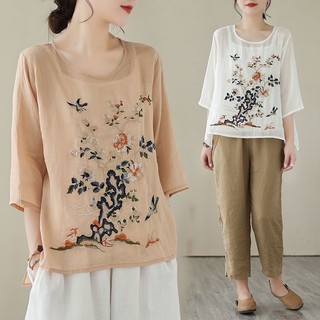 Mỏng Mùa Hè Tính Khí Hàng Đầu Nữ Kích Thước Lớn Công Nghiệp Nặng Mỏng Hơn Nhìn Retro Giữa Tay Vải Lanh Cotton E