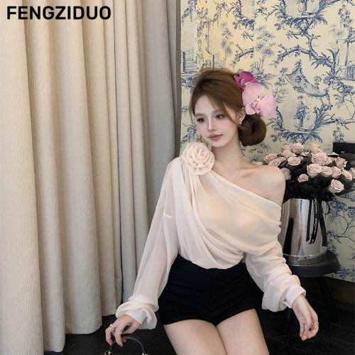 FENGZIDUO Áo Sơ Mi áo sơ mi nữ chống nắng phong cách Pháp dành cho phụ nữ, cổ áo một bên dramatic WCS2420ES8 9Z240229 | BigBuy360 - bigbuy360.vn