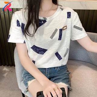 Áo thun ngắn tay Ruidian Instagram Mùa hè Nữ 2024 Mới In hình Hàn Quốc Thời trang dáng rộng
