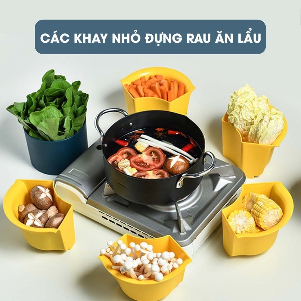 Rổ nhựa đa năng chia 7 ngăn đựng đồ ăn lẩu, Rổ đựng rau, củ, có từng khay tách rời và thoát nước tiện ích BOXHOME