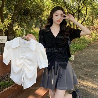 Áo sơ mi nữ tay ngắn Bigsize kiểu Áo croptop cổ chữ v thiết kế dây rút xếp ly đen mùa hè Phong cách Hàn Quốc Thời Trang đẹp