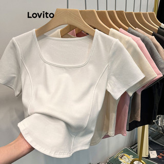 Lovito Áo thun trơn có họa tiết thông thường dành cho nữ LNE31215 (Mơ/Trắng/Đen)