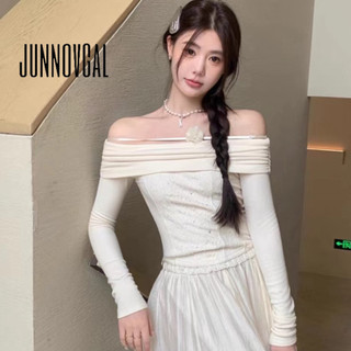 Áo thun nữ JUNNOVGAL lệch vai màu trơn ren giản dị phong cách mới dài tay Slim Fit