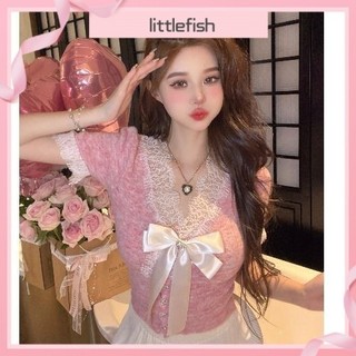 [Cá Nhỏ] Siêu Đẹp Đầu Mùa Xuân San Hô Hồng Độc Đáo Top Giảm Tuổi Nơ Ren Khâu Cô Gái Nguyên Chất Phong Cách Desire Áo Thun Nữ Tay Ngắn Cô Gái Sweet Spic
