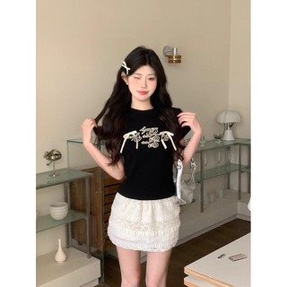 Mỹ Retro In Chữ Vai Ngắn Tay Áo Thun Nữ Mùa Hè Hot Girl Thiết Kế Niche Slim-Fit Nguyên Chất Cotton Top