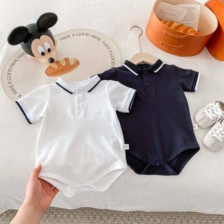 2024 Phong Cách Mới Cho Bé Onesie Bé Trai Mùa Hè Cho Bé Ngắn Tay Áo Liền Quần Một Mảnh Cổ Áo Polo Cho Bé Màu Trơn Onesie Áo Liền Quần Trẻ Em