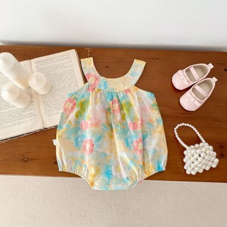 2024 Phong Cách Mới Cho Bé Jumpsuit Bé Gái In Hình Đầy Đủ Hoa Mùa Hè Trẻ Em Cổ Tròn Sling Mỏng Phong Cách Cho Bé Trẻ Em Áo Liền Quần Không Tay Romper