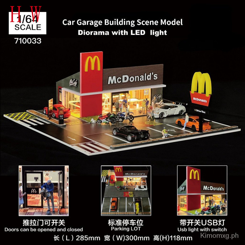 Tỉ Lệ 1: 64 Diorama Xe Ô Tô Mô Hình LED Chiếu Sáng Ô Tô Đỗ Xe Mô Hình City View Building McDonald 's