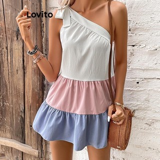 Đầm Lovito bất đối xứng chắp vá nhiều lớp ghép nối màu sắc phong cách thường ngày dành cho nữ LNL47033