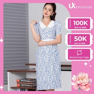 Đầm Hoa Nữ UK Fashion Dáng Xòe Dập Ly Phối Cổ Sen,Thiết Kèm Đai Tôn Dáng, Chất Vải Nhập Hàn Cao Cấp Mềm Mịn NKDV2205009