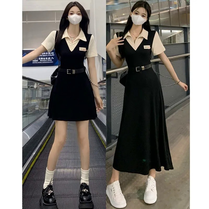 Váy body dáng dài váy basic hàn quốc váy sang chảnh đầm maxi bigsize Ve Áo Tính Khí Váy Ngắn Tay Nữ Preppy Phong Cách Váy Mùa Hè | BigBuy360 - bigbuy360.vn