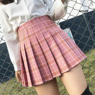 Ayyufe váy mini eo cao nữ bên zip màu trơn / váy xếp ly in kẻ sọc cho trường học