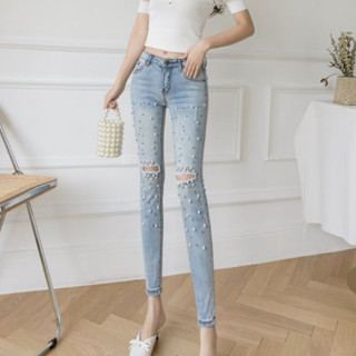 Quần Denim Nữ Cao Cấp Chụp Skinny Rách Quần Bút Chì Ngọc Trai Nữ Quần Jean Torn Có Lỗ Mỏng Phù Hợp Ban Đầu Cảm Xúc Giá Rẻ